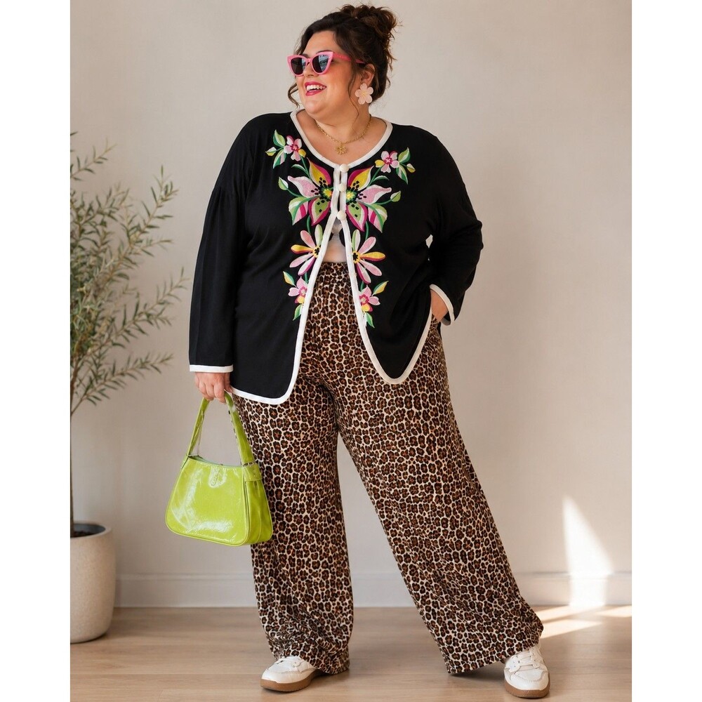 Bob Mackie Cardigan Women's Size 1X Black Floral Fruit Embroidered Wearable Art
